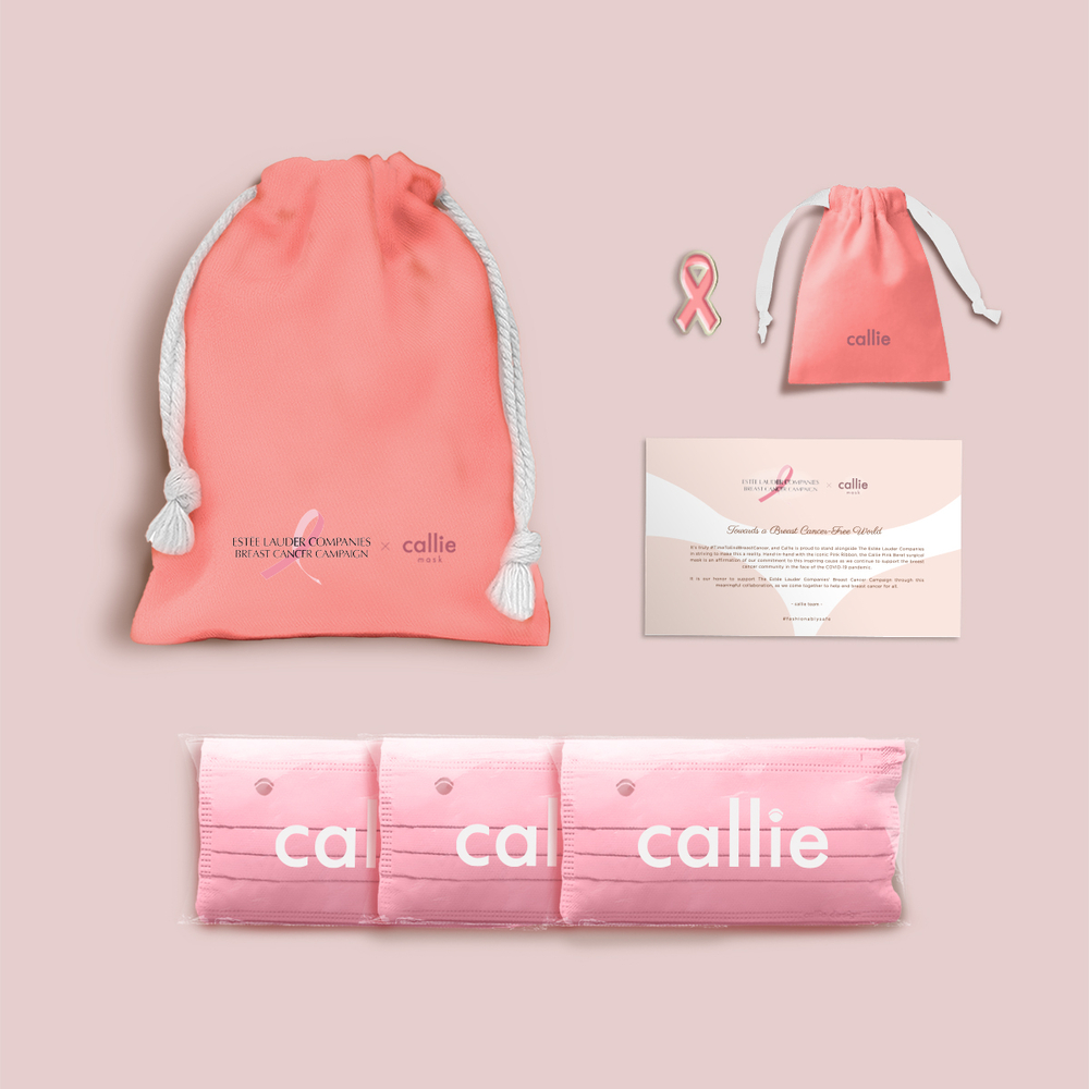 Callie Mask: Pink Inspiration Collection comes with 4-ply surgical face masks, enamel pin, greeting card and pink pouch.